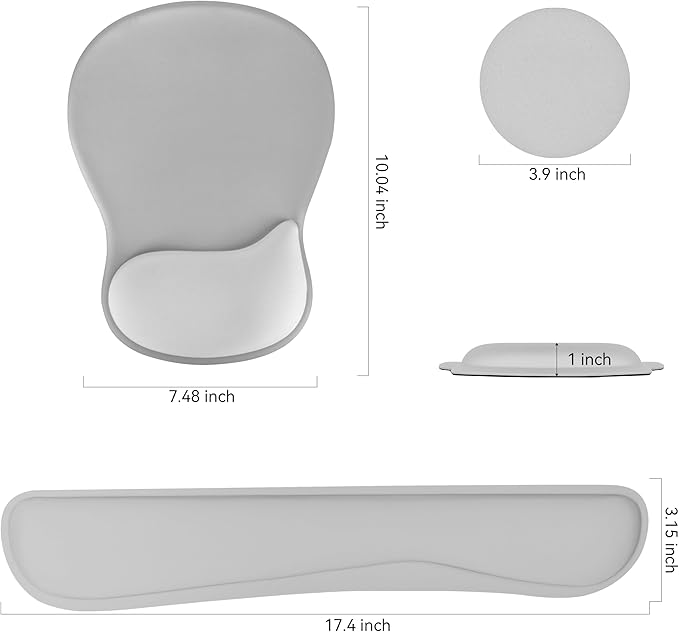 Wrist Rest Support for Mouse Pad Keyboard Set Circle Coaster Gaming Mouse Pad Ergonomic Gel Memory Foam Set for Computer, Laptop, Office, Comfortably Typing Grey KM-31