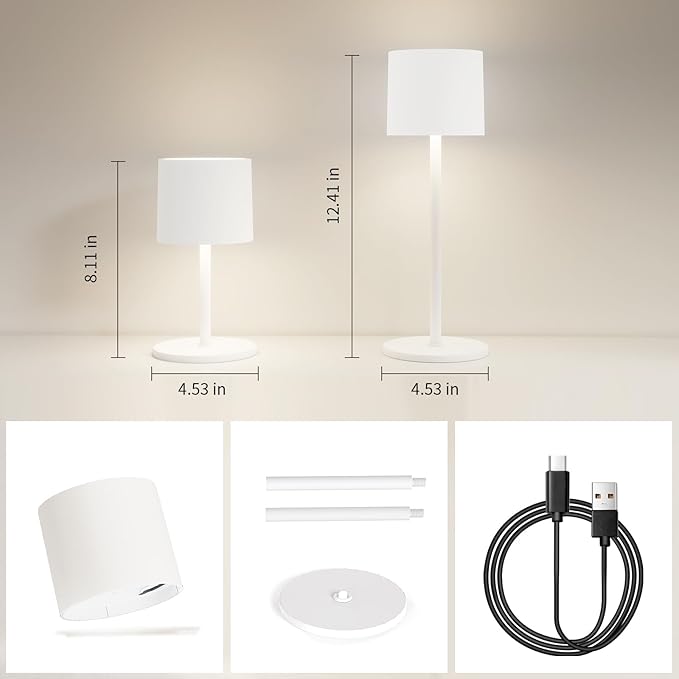 2-Pack Cordless Table Lamp, Portable LED Desk Lamps, 4400mAh Battery Powered Wireless Table Light, 3 Color Stepless Dimming Up,for Restaurant, Bedroom, Outdoor Camping, Night Light (White)