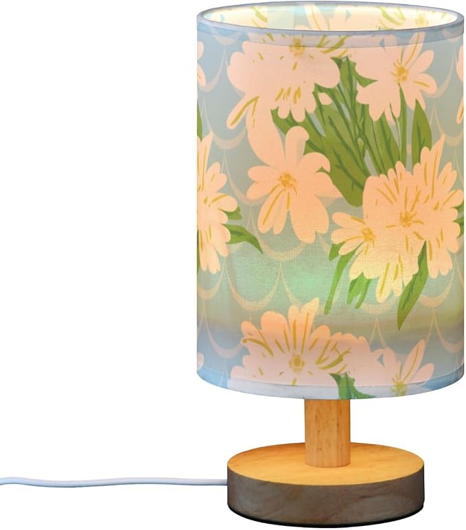 White Floral LED Table Lamp, Bedside Lamp with Linen Lampshade, Flicker-Free Eye Care USB Plug in Nightstand Lamp, for Bedroom and Office