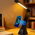 IHAO 3in1 Foldable Eye-Care Desk Lamp with 15W Wireless Charger & Digital Clock Touch Control, 3 Color Temperatures, Alarm, 180° Foldable, Phone Stand, Modern LED Table Lamp TYV-2088 Black