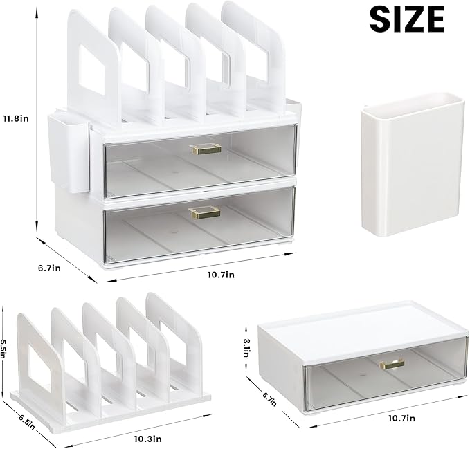 White Acrylic Desk Organizer with Drawer & File Holder, Stackable Modular Storage System, Multi-Layer Desktop Organizer, Space Saving Desk Organizer for Home Office & Study
