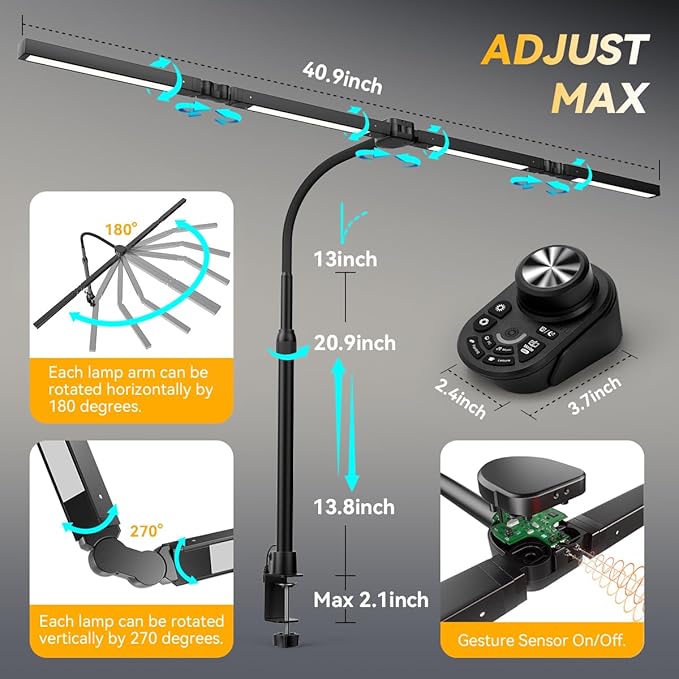 Adjustable LED Desk Lamp – Stepless Dimming & Color Temp Remote Control, Eye-Caring 4 Large Bright Light Souce for Home Office, Flexible Neck, Clamp Base, 5 Lighting Modes for Reading, Computer, DIY