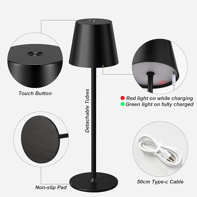 Cordless Table Lamp Rechargeable Black - KK 2 Pack 5000mAH Battery Operated Lamp for Counter, 3 Color Stepless Dimming Waterproof LED Wireless Lamp for Dining Kitchen, Outdoor Patio, Touch Control