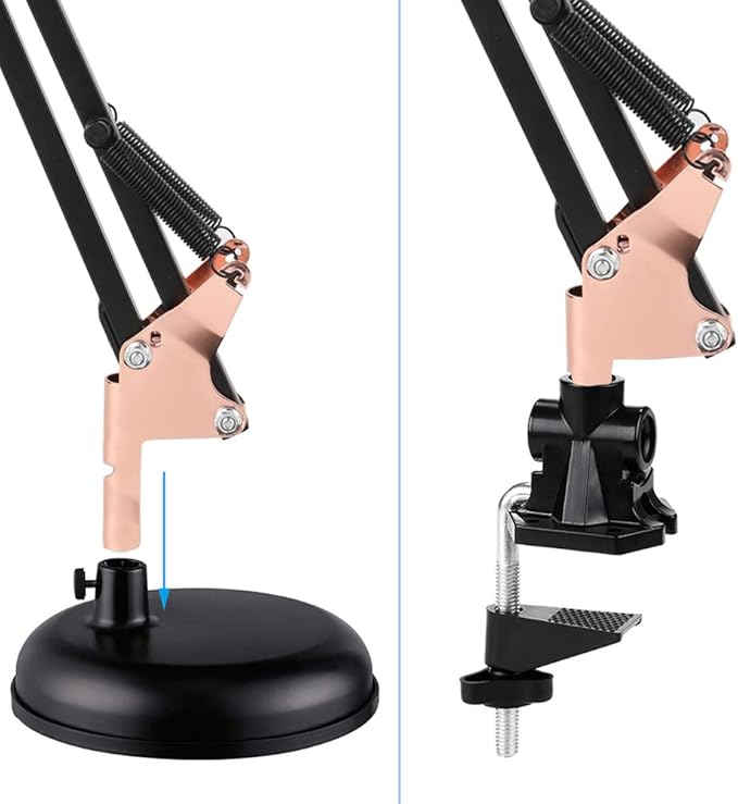 PowerKing Metal Swing Arm Desk Lamps, Adjustable and Flexible, Feading with Base and Clip 2-in-1 Function, Fit E26&E27 Bulbs Base, Application in Bedroom Living Room, Office Home (Black+Rose Gold)