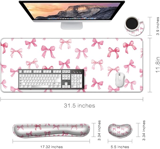 MIBITRI Keyboard Mouse Pad Set, Extended Gaming Mouse Pad+Ergonomics Keyboard Wrist Rest Support, Memory Foam, Easy Typing, 4Pcs XXL Ultra Thick Desk Mat, Pink Bows