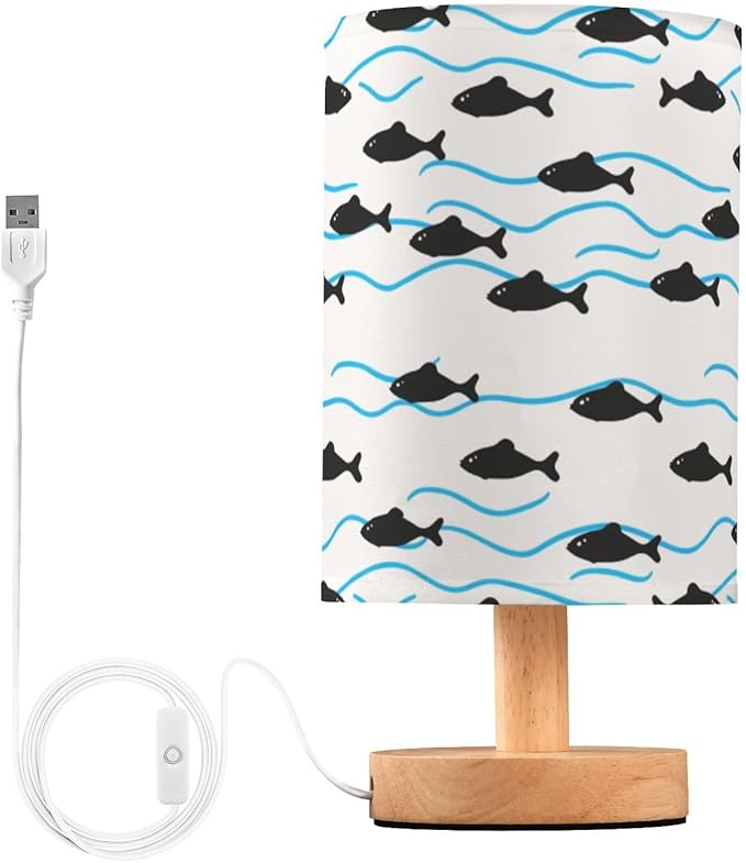 Fish LED Table Lamp, Bedside Lamp with Linen Lampshade, Flicker-Free Eye Care USB Plug in Nightstand Lamp, for Bedroom and Office