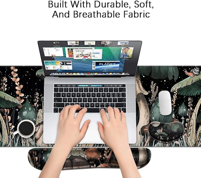 MIBITRI Keyboard Mouse Pad Set, Extended Gaming Mouse Pad+Ergonomics Keyboard Wrist Rest Support, Memory Foam, Easy Typing, 4Pcs XXL Ultra Thick Desk Mat, Snails and Mushroom