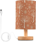 Brown Tree LED Table Lamp, Bedside Lamp with Linen Lampshade, Flicker-Free Eye Care USB Plug in Nightstand Lamp, for Bedroom and Office