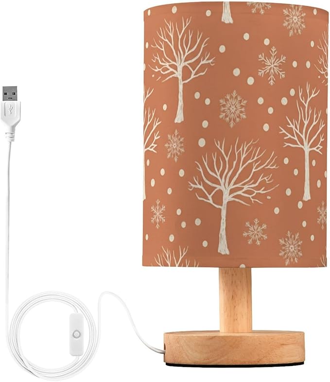 Brown Tree LED Table Lamp, Bedside Lamp with Linen Lampshade, Flicker-Free Eye Care USB Plug in Nightstand Lamp, for Bedroom and Office
