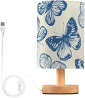 Blue Sketch Butterfly LED Table Lamp, Bedside Lamp with Linen Lampshade, Flicker-Free Eye Care USB Plug in Nightstand Lamp, for Bedroom and Office