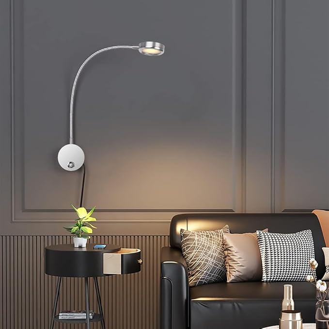 Plug in Dimmable LED Reading Lamp,Wall Mount Book Lights for Bed Headboard,Touch Control, Flexible Gooseneck Headboard,3 Color Modes,10 Brightness Leves, USB Output, Easy to Install Silver 1 Pack