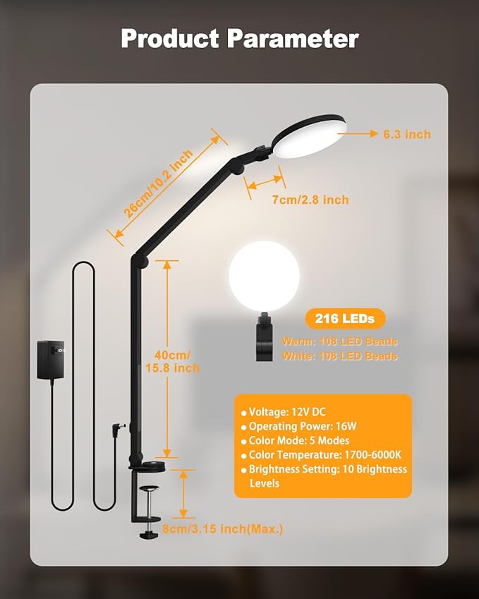 Desk Lamp, 16W LED Desk Light with Clamp & Adjustable Arm for Home Office Video Calls, Touch Control Eye-Care Light for Reading with 5 Color Temps (1700K-6000K) & 10 Brightness, Timer 0.5H/1H
