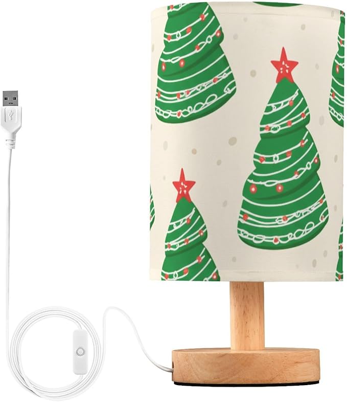 Green Christmas Tree LED Table Lamp, Bedside Lamp with Linen Lampshade, Flicker-Free Eye Care USB Plug in Nightstand Lamp, for Bedroom and Office