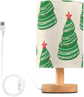 Green Christmas Tree LED Table Lamp, Bedside Lamp with Linen Lampshade, Flicker-Free Eye Care USB Plug in Nightstand Lamp, for Bedroom and Office