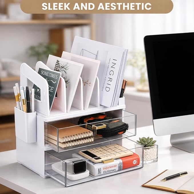White Acrylic Desk Organizer with Drawer & File Holder, Stackable Modular Storage System, Multi-Layer Desktop Organizer, Space Saving Desk Organizer for Home Office & Study