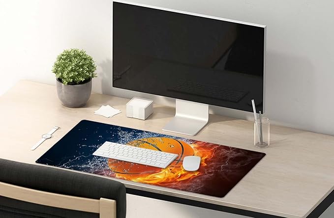 SSOIU Extended Gaming Mouse Pad (35.5x15.7 in), Basketball Ball in Fire and Water Large Non-Slip Rubber Base Mousepad with Stitched Edges, Waterproof Keyboard Mouse Mat Desk Pad for Work, Game, Office