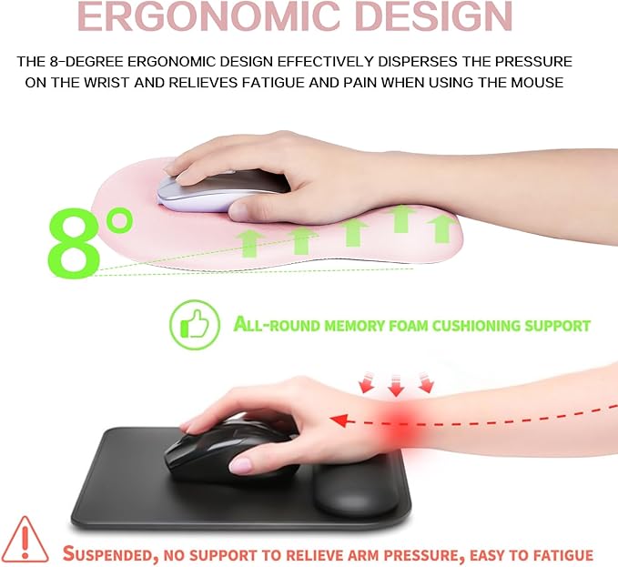 Ergonomic Wrist Rest with Mouse Pad, Mouse Pad with Comfortable Memory Foam Wrist Rest, Massage Design, Non-Slip Rubber Base, Made Easy Typing & Relieve Wrist Pain, Pink