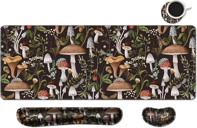 MIBITRI Keyboard Mouse Pad Set, Extended Gaming Mouse Pad+Ergonomics Keyboard Wrist Rest Support, Memory Foam, Easy Typing, 3Pcs XXL Ultra Thick Desk Mat, Cute Mushroom