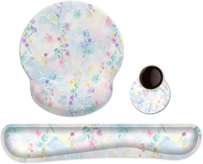 Ergonomic Keyboard Mouse Pad Wrist Rest Support Set for Laptop/Computer/Desktop,Memory Foam Hand Rest Wrist Cushion for Gaming/Office,Lightweight Comfortable (Colorful Flowers)