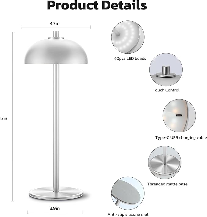 2 Pack Cordless Table Lamp, 5000mAh Portable Rechargeable Table Lamp, 3 Color Modes Stepless Dimming Table Light with Memory Function, for Dinner, Patio, Home, Restaurant.(Sliver)