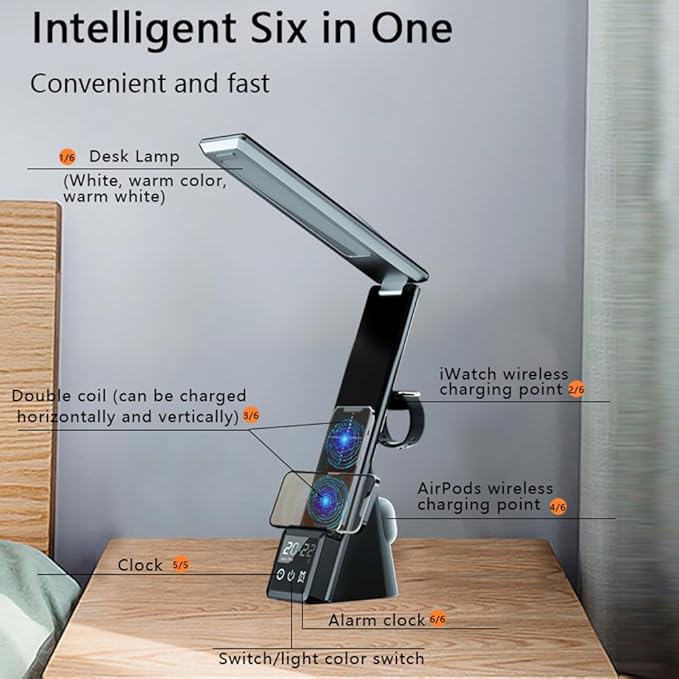 IHAO 6in1 Multifunctional Foldable LED Table Lamp with Wireless Charger Digital Alarm Clock Eye-Care Lighting 3 Color Modes 15W Qi Charger for Phone/Headphones, iWatch Charger Compatible-N61Black
