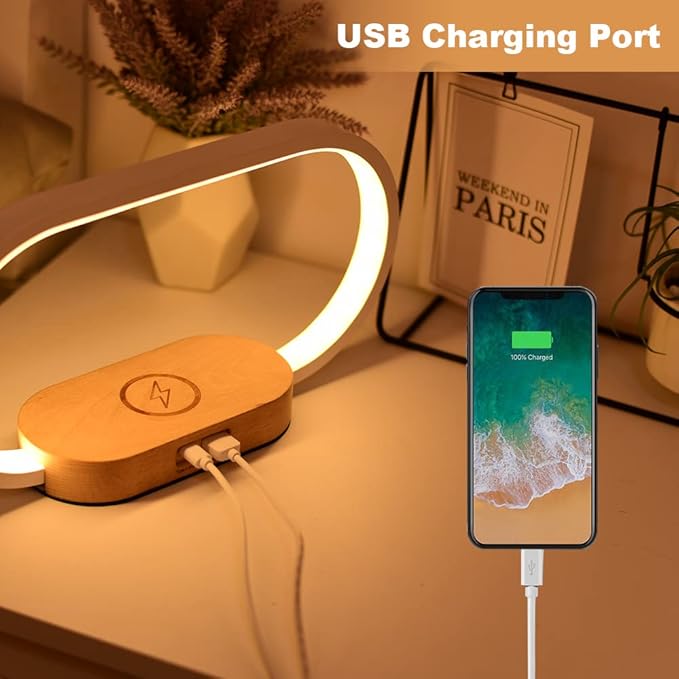 Donewin Bedside Lamp with Wireless Charger,Wooden Table Lamp with Charging Station,Touch Nightstand Lamp with Clock,3 Color Stepless Dimming Touch Lamp for Bedroom,Unique Gifts for Women
