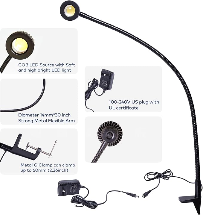 Hersi High Bright 5w 35‘’Long Flexible Arm Desk Lamp Metal Architect LED Task Light with Clamp, Adjustable Folding Twin-Arm Clip-on Table Lamp,Black for Home Office (Black)
