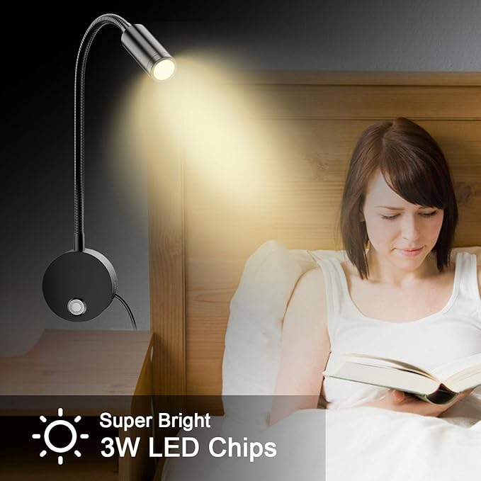 ERAY Plug-in LED Wall Mount Reading Light with 15" Flexible Gooseneck & USB Charging Port Dimmable Focused Bedside Reading Lights Black-1 Pack