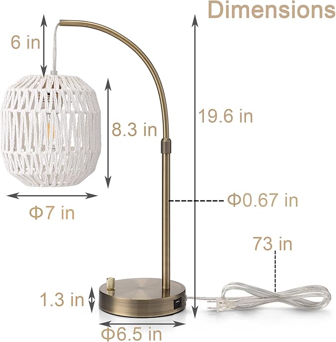 Tall Industrial Gold Rattan Table Bedside Lamp for Bedroom with USB Charge Port, Boho Woven Nightstand Lamp Home Office Couch Side Living Room Decoration Desk Lamp Gold & White