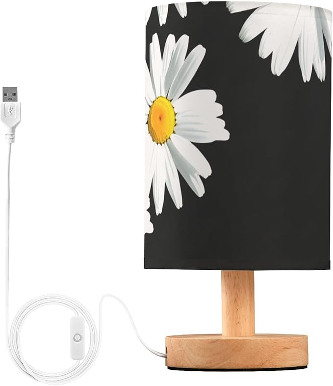 Black Daisy LED Table Lamp, Bedside Lamp with Linen Lampshade, Flicker-Free Eye Care USB Plug in Nightstand Lamp, for Bedroom and Office