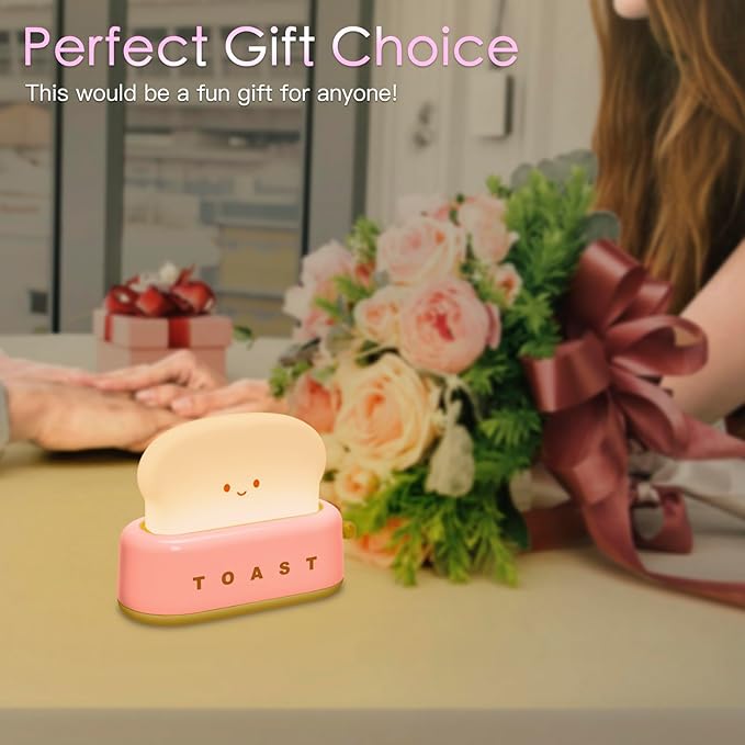 TOOGE Cute Toast Lamp, Small Desk Lamp, Night Light, Rechargeable, Pink, Plastic, Kawaii Decor for Bedroom, Table, Bedside, Desk, Gifts for Kids and Adults