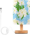 White Floral LED Table Lamp, Bedside Lamp with Linen Lampshade, Flicker-Free Eye Care USB Plug in Nightstand Lamp, for Bedroom and Office