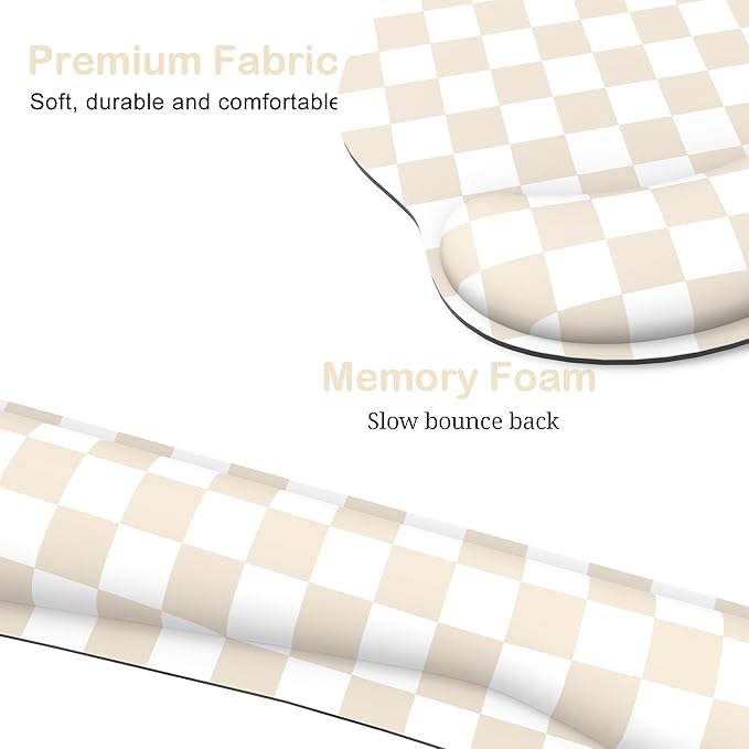 Ergonomic Mouse Pad with Wrist Rest and Keyboard Wrist Rest, Mousepad and Keyboard Pad, Non-Slip Rubber Base, Mouse Pad with Wrist Support for Gaming, Computer, Office, Beige Checkered