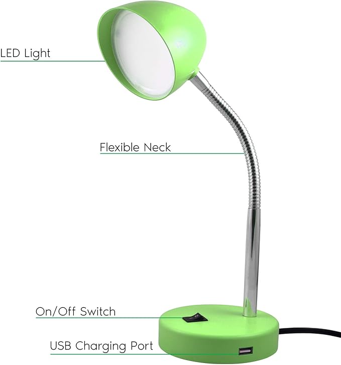 MaxLite LED Desk Lamp with USB Charging Port, Green Desk Lamp, Adjustable Neck, On/Off Switch, Modern Table Lamp for Reading, Work or School, Warm Gentle Light