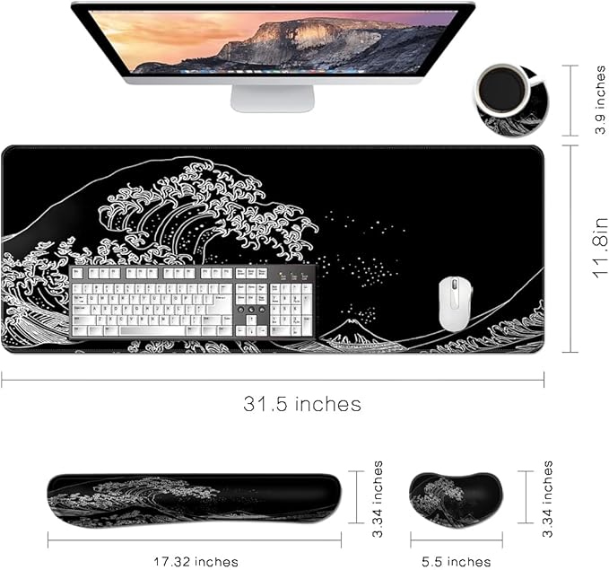MIBITRI Keyboard Mouse Pad Set, Extended Gaming Mouse Pad+Ergonomics Keyboard Wrist Rest Support, Memory Foam, Easy Typing, 4Pcs XXL Ultra Thick Desk Mat, Japanese Wave