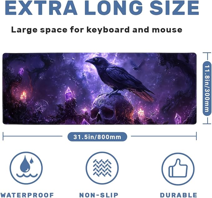 Mystic Crow Desk Mat Gaming Large Mouse Pad Amethyst Flame Skull Enchanted Night Mousepads Computer Keyboard Pad Mouse Mat Laptop Mat 31.5 x 11.8 Mouse Pads for Desk Home Office Gaming