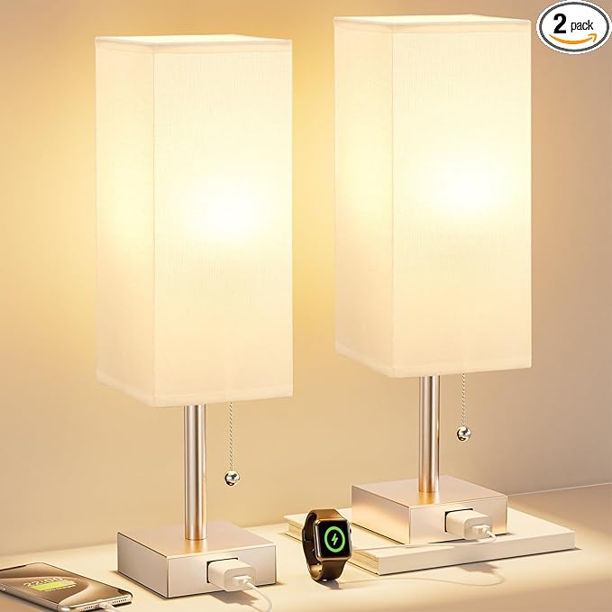 Gold Bedside Table Lamps for Bedroom Set of 2 - Small Rectangular Nightstand Lamp with AC Outlet Charging Port, 3 Color Temperatures Desk Light, Tabletop Reading Lamp for Living Room/Dorm/Office