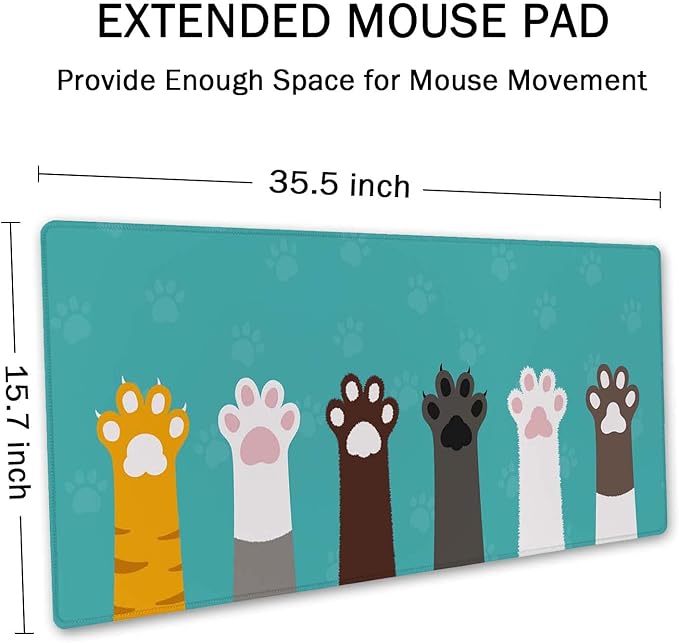 SSOIU Large Mouse Pad, Full Desk XXL Extended Gaming Mouse Pad 35.5" X 15.7", Waterproof Desk Mat Stitched Edges, Non-Slip Laptop Computer Keyboard Mousepad for Office and Home, Cat Paws