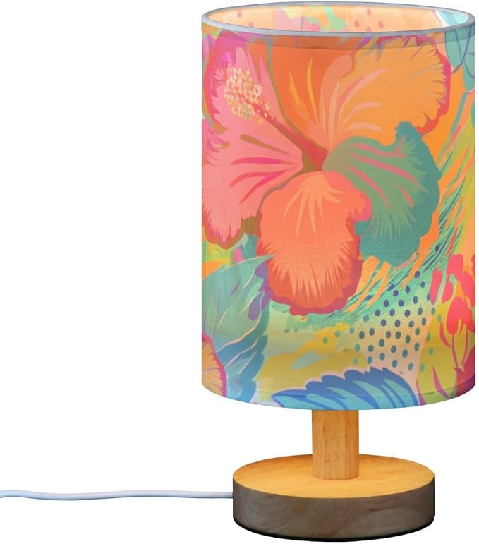 Tropical Floral LED Table Lamp, Bedside Lamp with Linen Lampshade, Flicker-Free Eye Care USB Plug in Nightstand Lamp, for Bedroom and Office