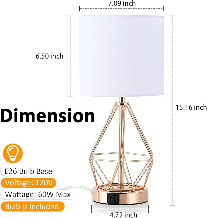 Table Lamp with USB Port, 3 Way Dimmable Touch Lamps for Nightstand, Modern Small Bedside Lamp with Fabric Shade, Gold Side Table Lamp for Bedroom Living Room, USB A & USB C, LED Bulb Included