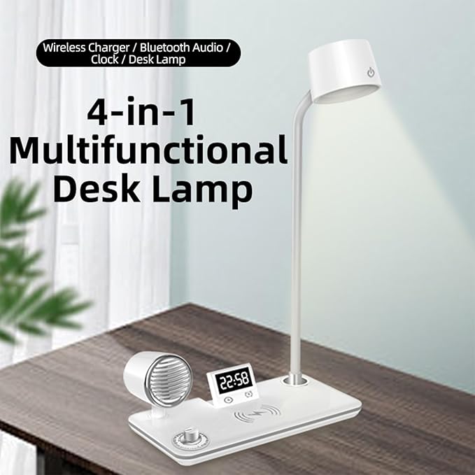 All-in-One Bedside Lamp with Wireless Charger, Digital Clock, Bluetooth Speaker & Adjustable Lighting - 15W Fast Wireless Charging, Dimmable 3 Color Modes, Flexible Gooseneck,HYT-1772 White.