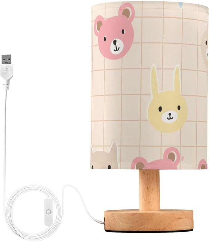 Cute Bunny LED Table Lamp, Bedside Lamp with Linen Lampshade, Flicker-Free Eye Care USB Plug in Nightstand Lamp, for Bedroom and Office