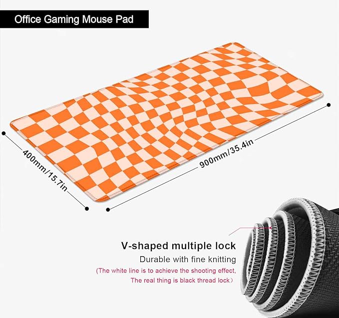 Orange Checkered Large Mouse Pad, Boho Pink Desk Mat Pad, Extended Kawaii Mousepad Stitched Edges Keyboard Mouse Mat, Desk Accessories for Women Office Gaming Decor, 35.4 x 15.7 in