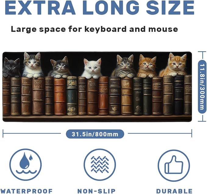 Library Cat Gaming Mouse Pad Large Desk Mat Vintage Bookshelf Kitten Mousepad Computer Keyboard Pad Mouse Mat Laptop Mat 31.5 x 11.8 Mouse Pads for Desk Home Office Gaming