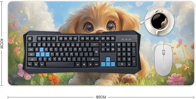 Large Ergonomic Gaming Mouse Pad Happy Puppy in Sunny Field - Lovable Dog Theme with Non-Slip Base Water-Resistant Surface and Stitched Edges 40x90cm