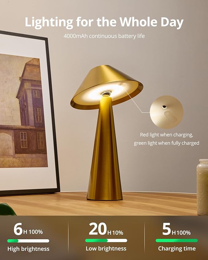 Bojim 2 Pack Rechargeable Cordless Table Lamp, Gold LED Battery Operated Wireless Table Lights, Touch for Color Changing Dimmable, IP54 Waterproof for Restaurant, Dining, Outdoor, Patio, Outside