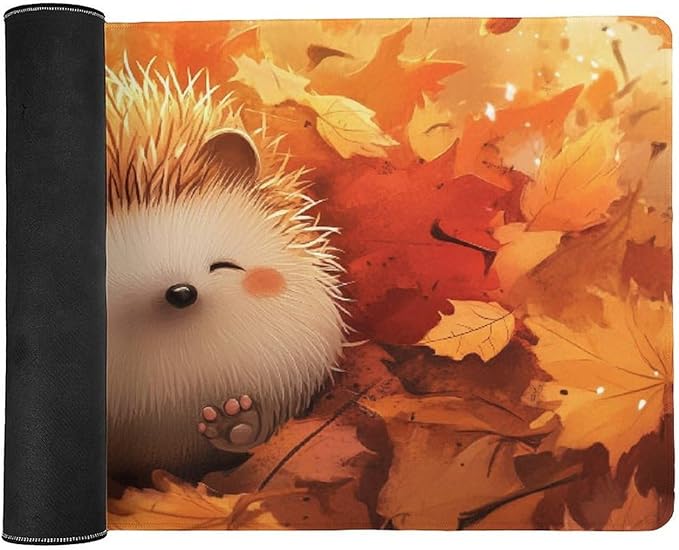 Large Ergonomic Gaming Mouse Pad Cozy Hedgehog in Autumn Leaves - Cute Forest Animal Theme with Non-Slip Base Water-Resistant Surface and Stitched Edges 40x90cm