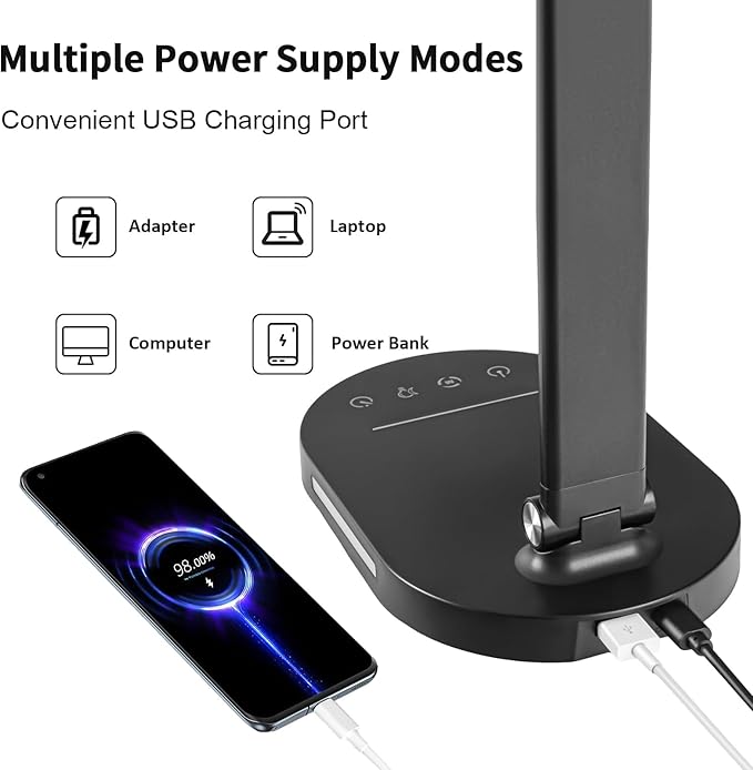 LED Desk Lamp Touch Desk Lamps with 5 Levels Brightness, Dimmable Office Reading Lamp with Adjustable Arm Foldable Table Desk Lamp for Bedroom Bedside Office Study, 3000-6500K(Black)