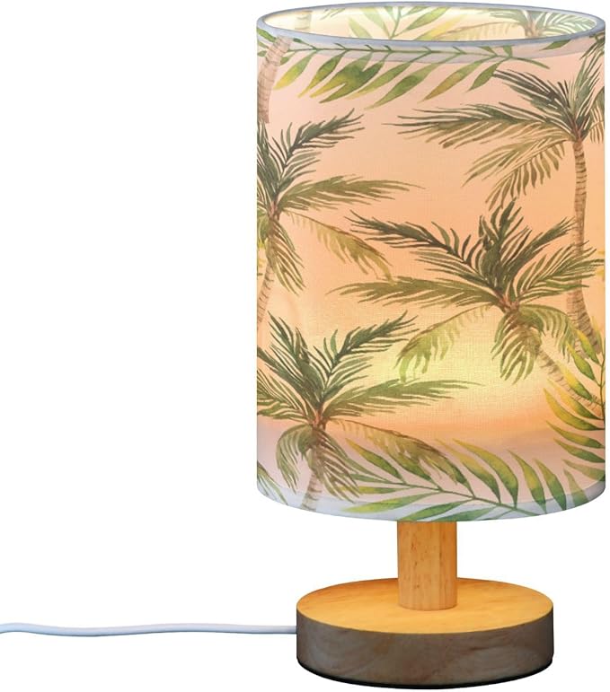 Tropical Palm Tree Bedside Table Lamp for Bedroom Nightstand, Small Eye Care LED Desk Reading Lamp USB Port Wood Base Round Flaxen Fabric Shade for for Kids Room Living Room Office Desk
