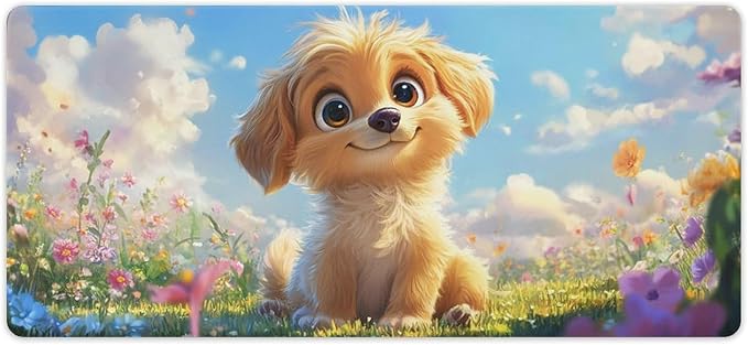 Large Ergonomic Gaming Mouse Pad Fluffy Puppy in Sunny Meadow - Cute Dog Theme with Non-Slip Base Water-Resistant Surface and Stitched Edges 40x90cm